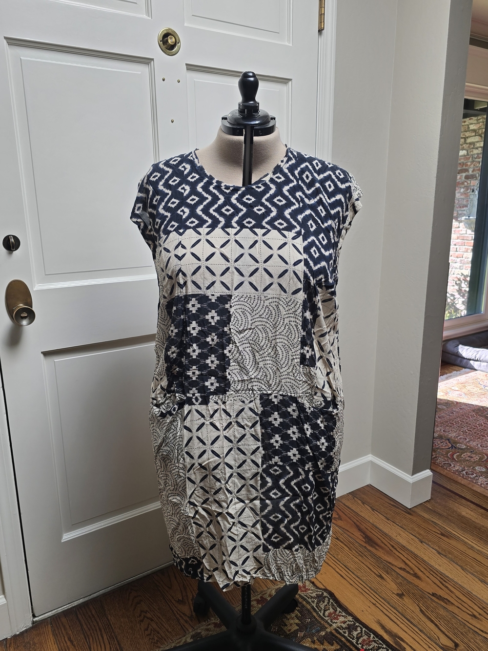 Johnny Was 2XL Navy and White Patchwork Midi Dress